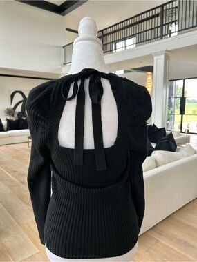 Black Back-Bow Ribbed Square Neck Long Sleeve sweater
